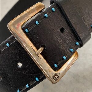 RLL Vintage Black Leather Belt with Gold/Silver Buckle and Turquoise beads
